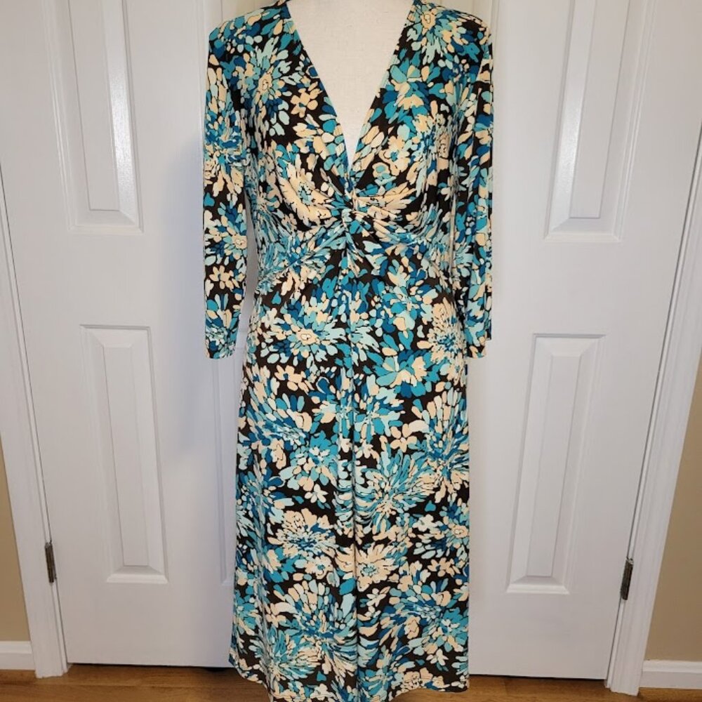 Connected Apparel Turquoise Floral Twist Front Dress Size 12 Made in USA